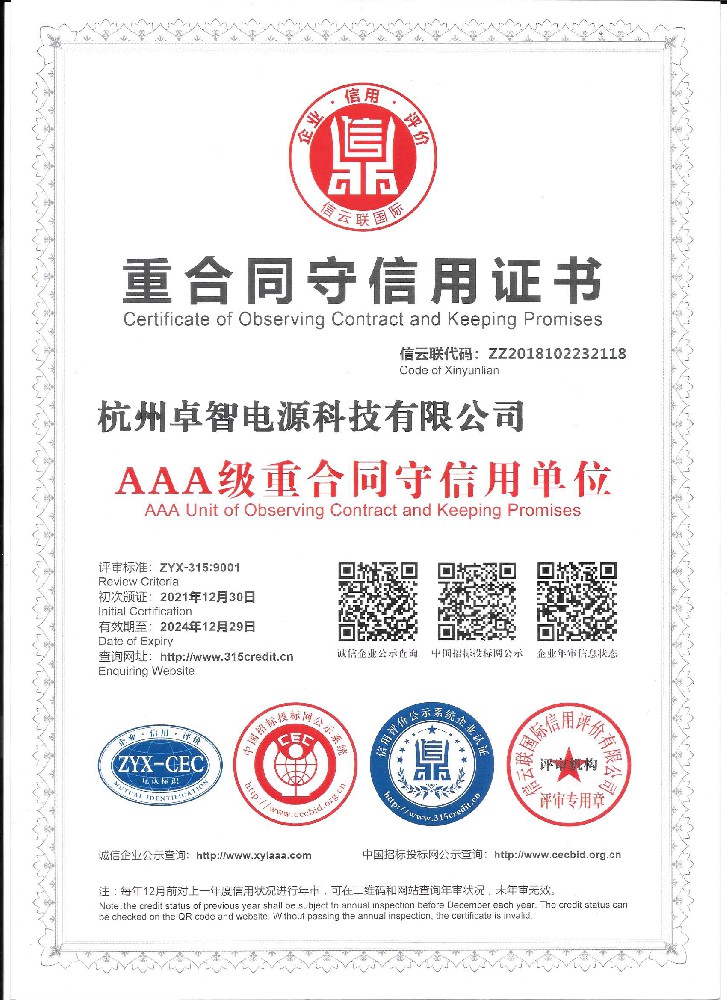 重合同守信用證書(shū)